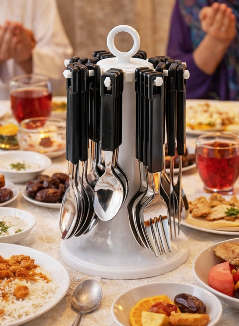 توشيونيكس طقم أدوات مائدة من الفولاذ المقاوم للصدأ مكون من 24 قطعة مع حامل - طقم ملاعق وشوك وسكاكين وملاعق شاي محمول بمقابض من البولي بروبيلين، منظم حامل أدوات المائدة للمنزل، إفطار رمضان، النزهات الخارجية، حفلات العشاء والتجمعات - Image 5